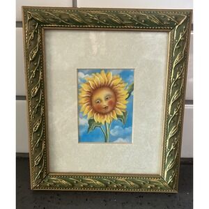 Whimsical Sunflower Print Framed‎ Matted Gold Tone Scroll Frame Vintage
